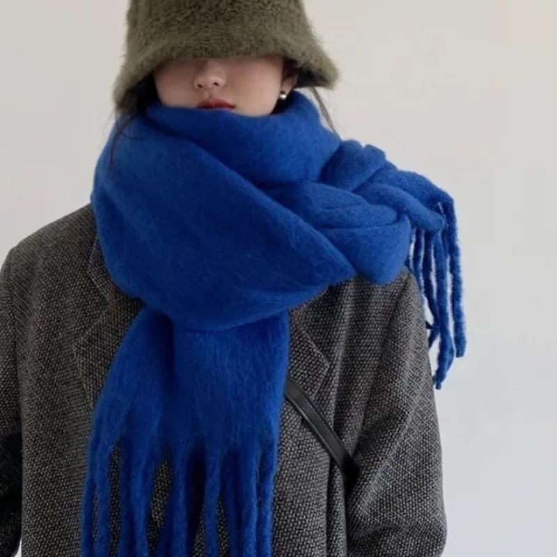 Klein синий однотонный мохеровый модный удобный шарф с кисточками женский зимний