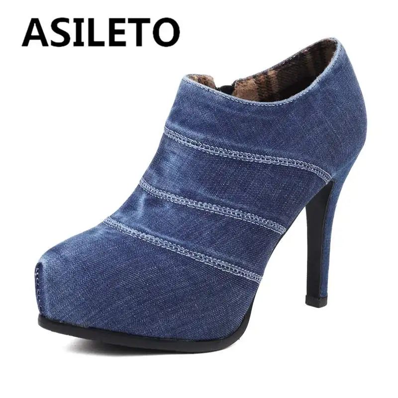 

ASILETO Womens Deep Pumps Pointed Toe Thin Heels 10.5cm Platform 2.cm Zipper Denim Big Size 33-43 Short Fur Solid Dating S4121