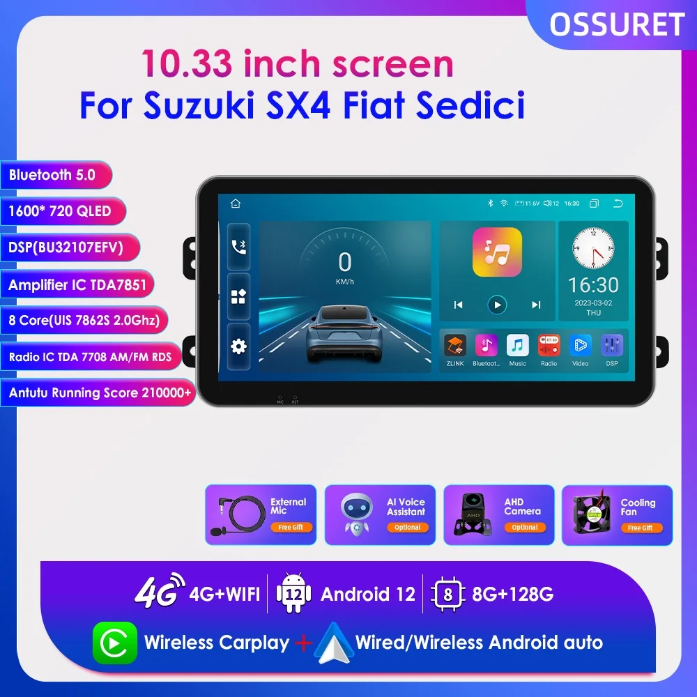 

10.33'' Touch Screen for Suzuki SX4 Fiat Sedici Android 12 2din Car Radio Multimedia Player Stereo Carplay GPS Autoradio Navi 4G
