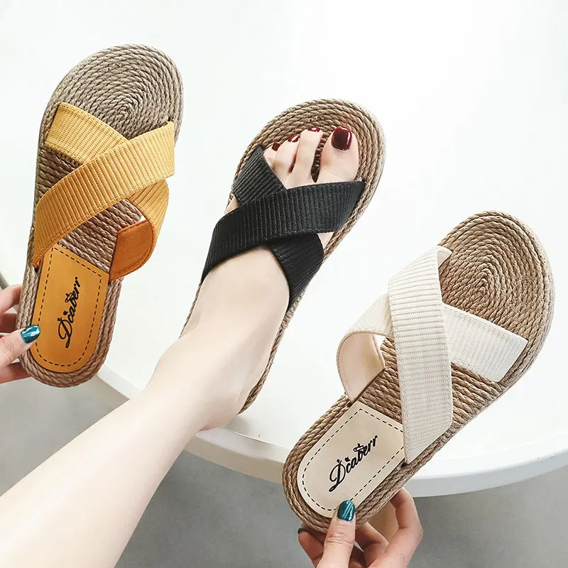 

Women's Cross Strap Flat-Heeled Flip-Flops Imitation Straw Linen Bottom Flat-Heeled Slippers Summer New 1.6cm Heel WNh