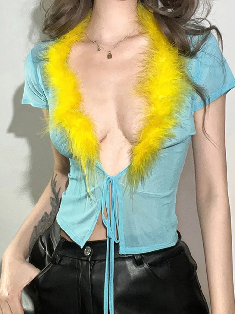 

Fur Collar Patchwork T-shirts Crop Tops 2022 Sexy Women Tees Shirt Short Sleeve Deep V-neck Open Stitch Tie Up Mesh T-shirts Y2K