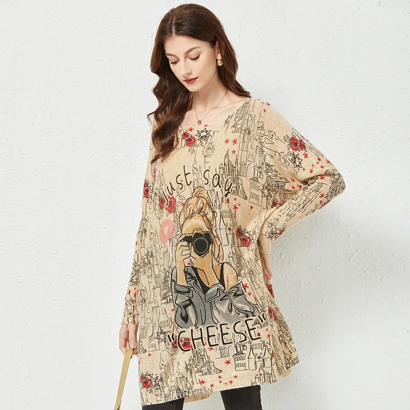 

2023 Antumn Pullovers Women Sweater Loose Sweaters Print Knitted Tops Girl Slim Mid-length Fashion Clothing Woman Winter Clothes
