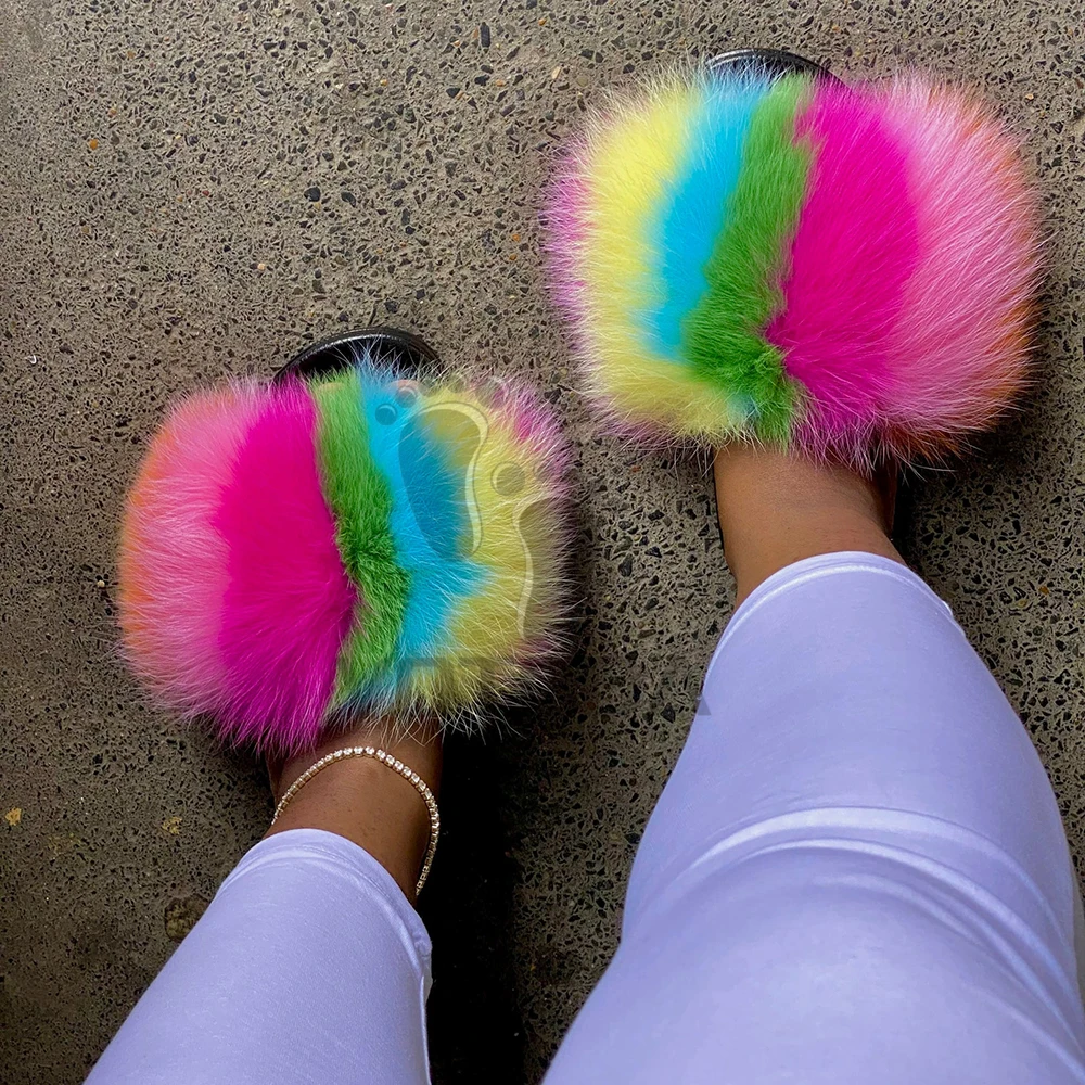 

2022 Summer Slippers Fur Slides Women Fluffy Real Fox Fur Slipper luxury Raccoon Sandals Flat Furry Shoes Woman Drop Shipping