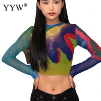 2022 new fashion polyester crop top women long sleeve t shirt girl temperament sexy mesh print stitching long sleeved top crew