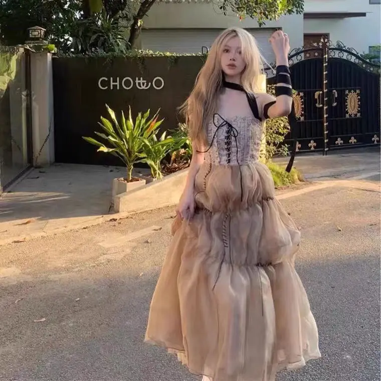 

Женское шифоновое платье без рукавов, винтажное кружевное платье на бретелях-спагетти в стиле Лолиты, лето 2022