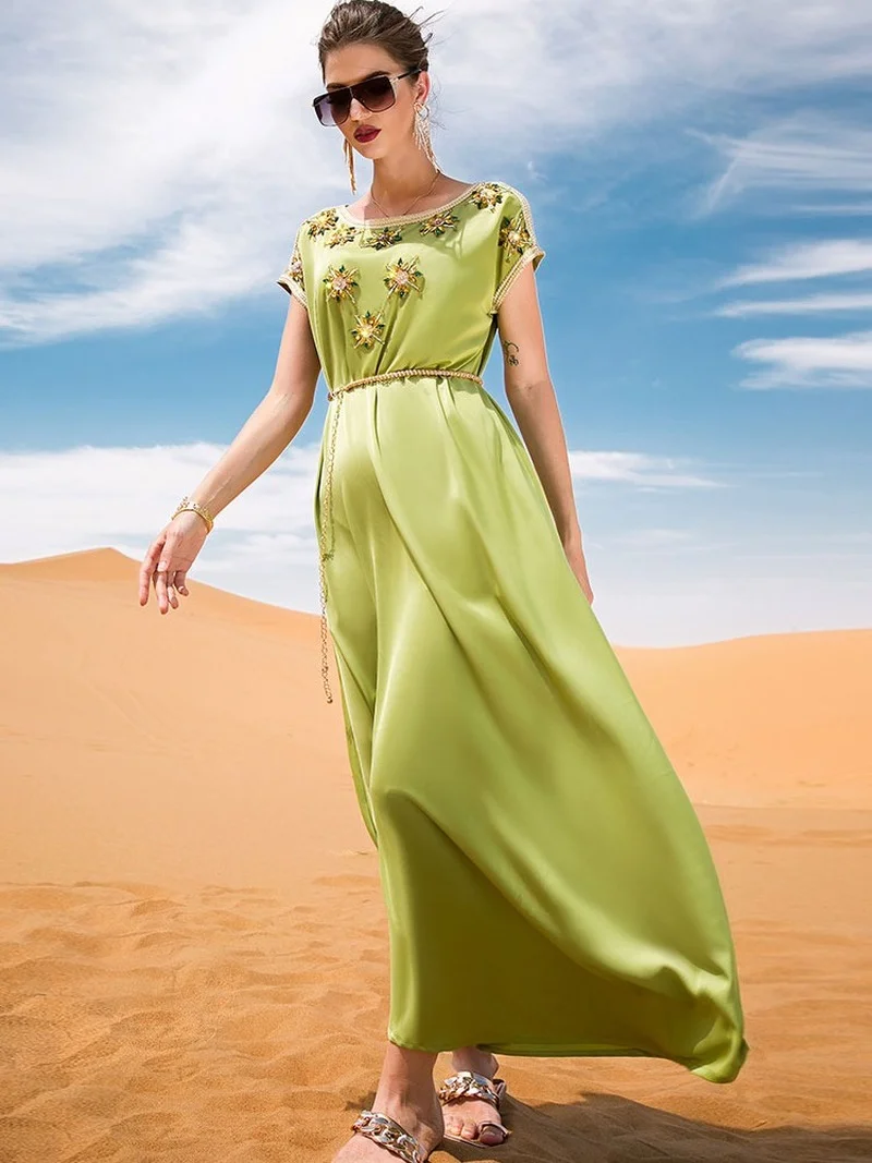 Party Long Dress Moroccan Embroidered Kaftan Women Handsewn Satin Gulf Jalabiya Arabic Evening Gown Muslim Dubai  Belted Abaya