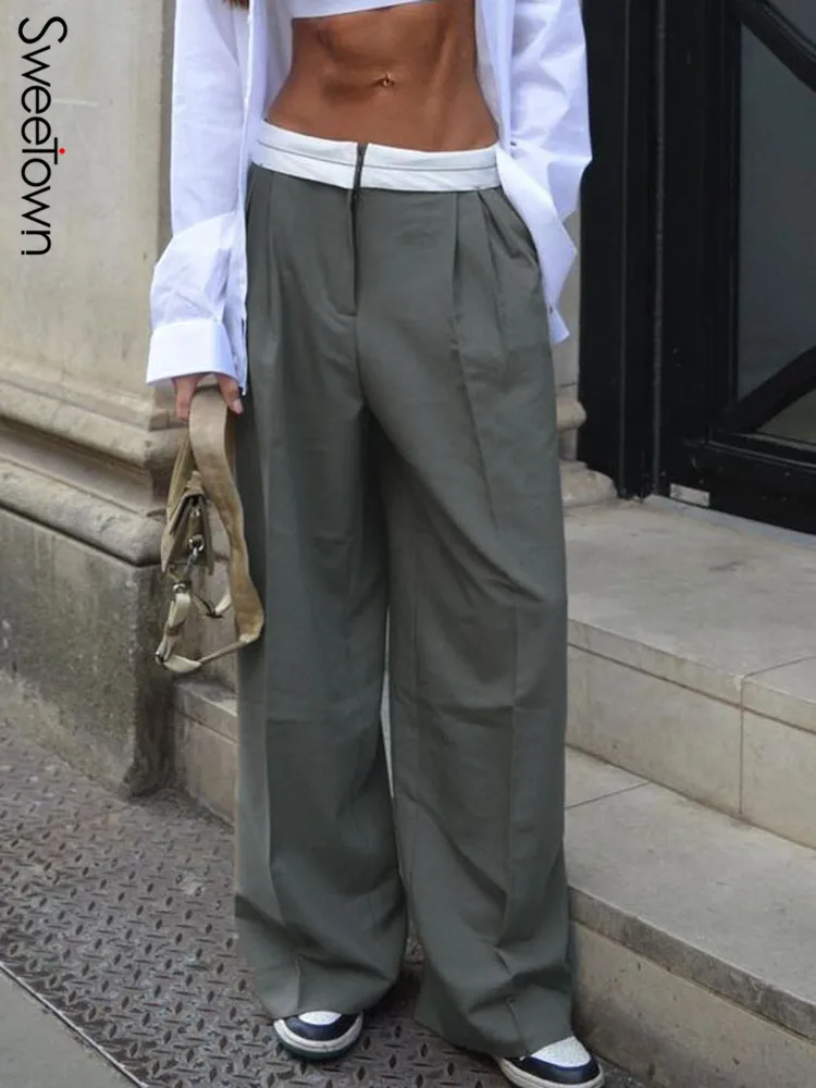 

Sweetown Contrast Low Waist Baggy Wide Leg Pants Women Gray Casual Jogging Sweatpants Vintage Brown Y2K Streetwear Trousers