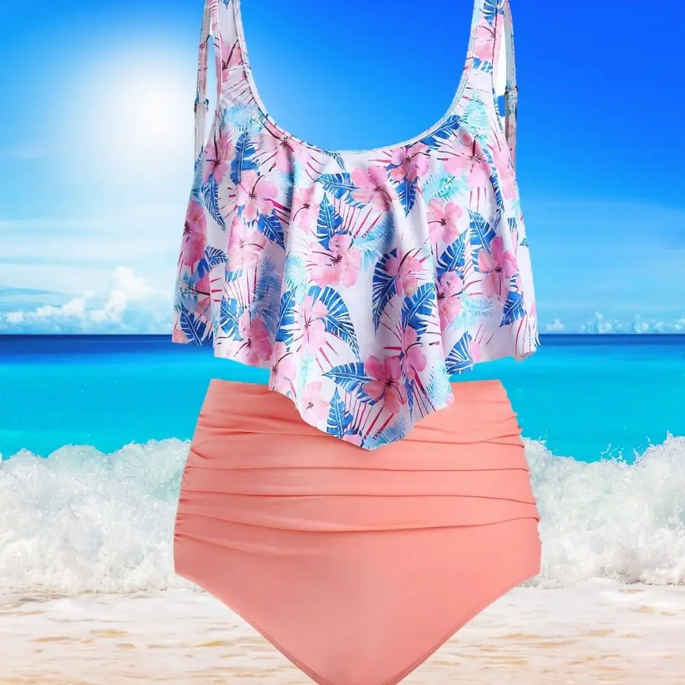 Недорогой женский розовый цветочный большой Танкини с высокой талией купальник