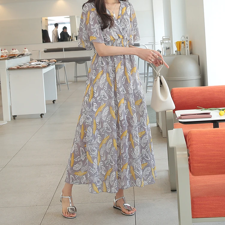 

쉬폰 플라워 브이넥 롱 원피스