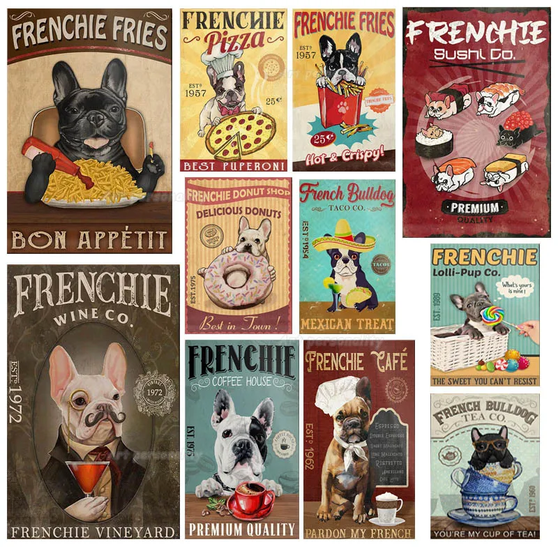 

Металлическая вывеска в виде французского бульдога кофейного клуба собак, Забавный жестяной постер в виде картошки фри, домашний декор, Настенная картина для бара, постер для любителей собак 8x12 дюймов