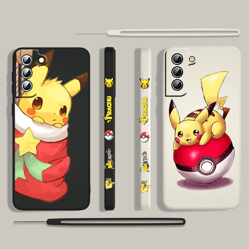 

Cartoon Cute Pikachu For Samsung Galaxy S22 S21 S20 S10 Note 20 10 Ultra Plus Pro FE Lite Liquid Left Rope Phone Silicone Case