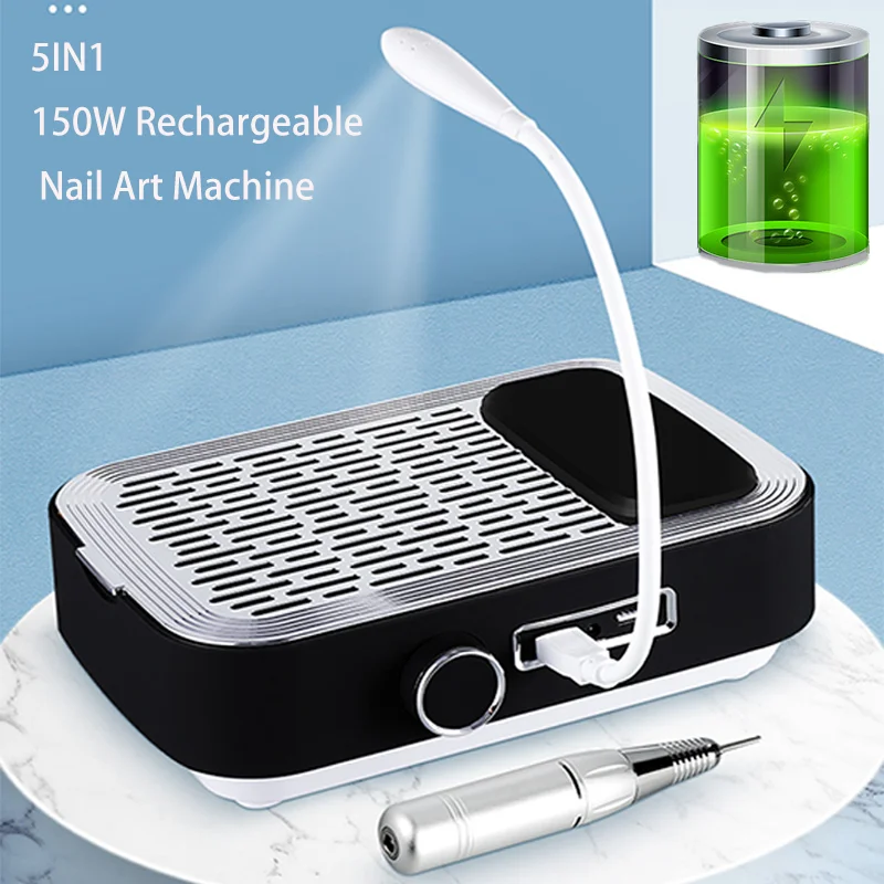 

5IN1 150W High Power Rechargeable Nail Art Vacuum Cleaner Polishing Pen With Hand Pad Filter Lighting Nail Art Machine Equipment