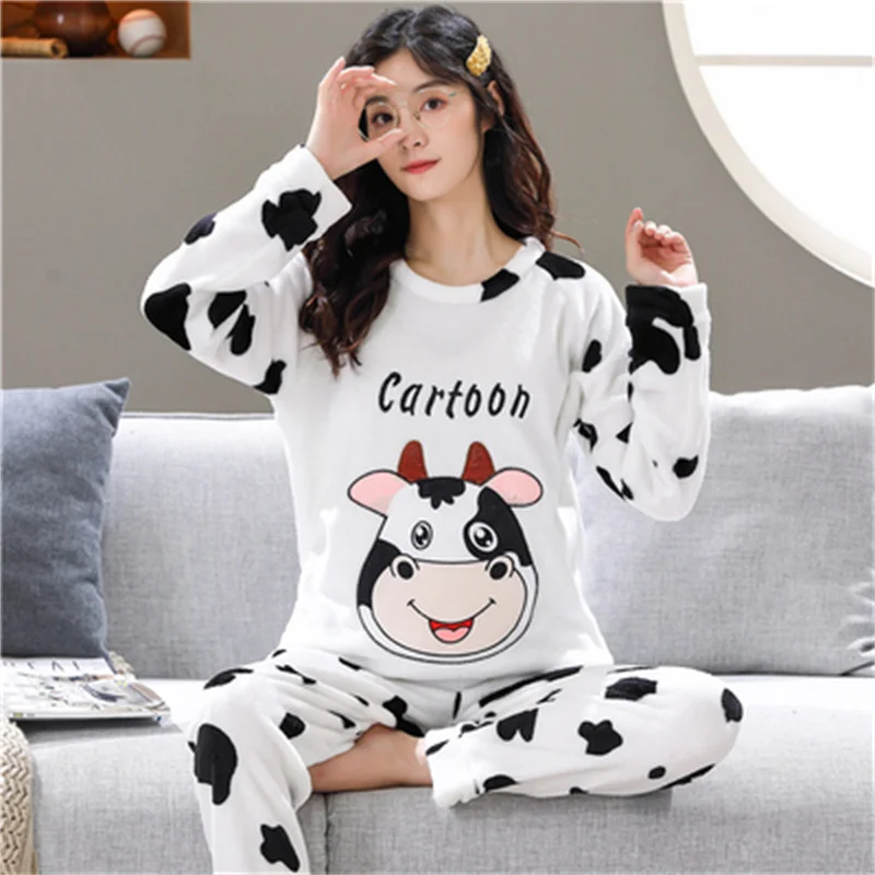 Pajamas Set Casual Sleepwear For Women Soft Cartoon Flannel Pyjama Women's Fashion Winter Warm Full Sleeve Homewear Plus Size