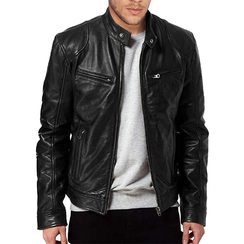 

Мужская модная куртка из искусственной кожи, приталенная куртка из искусственной кожи с воротником-стойкой, мужские мотоциклетные куртки на молнии с защитой от ветра, 5XL