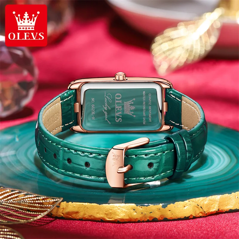 2023 OLEVS Green Rectangle Dial Watches Women Leather Strap Casual Diamond  Watches Quartz Ladies Watch Relogio Feminino enlarge