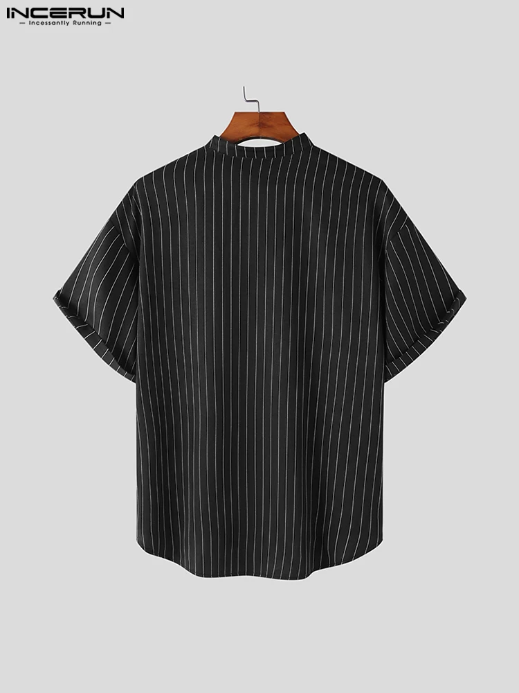 Fashion Well Fitting Tops INCERUN Men Slanted Placket Chinese-style Buttoned Striped Blouse Short-sleeved Stitching Shirts S-5XL