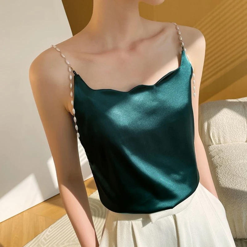 

Camisole Silk Acetate Beading Solid Halter Top Pearl Spaghetti Camis Backless Elegant Fashion Office Lady Women's Tank Top