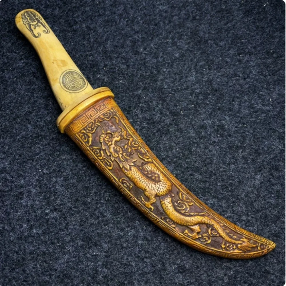 Фото Изысканный нож/меч из кости яка, резной нож из кости зверя с двойным драконом, играющим с жемчужиной №1