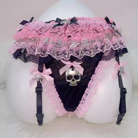 Готические темные трусики с черепом в стиле Лолиты, кружевные многослойные стринги с оборками и бантом y2k harajuku с подвязками, трусы, сексуальное нижнее белье с поясом на подтяжках