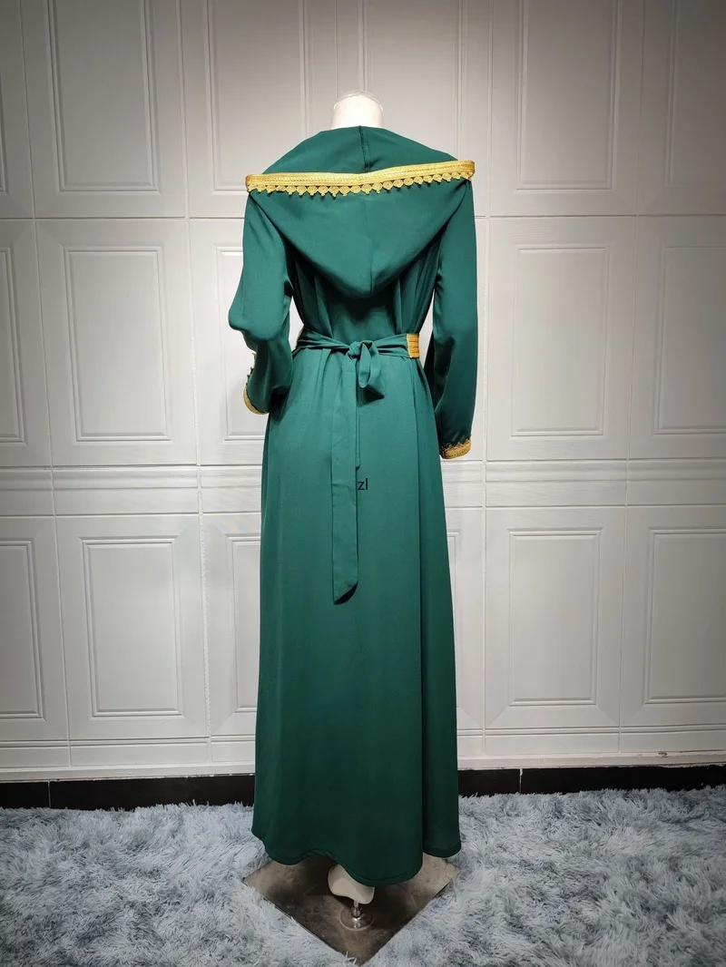 Women's Jalabiya Ramadan Green Hooded Ethnic Muslim Fashion Dress Kaftan Abaya Dubai Turkey Moroccan Arabic Clothes