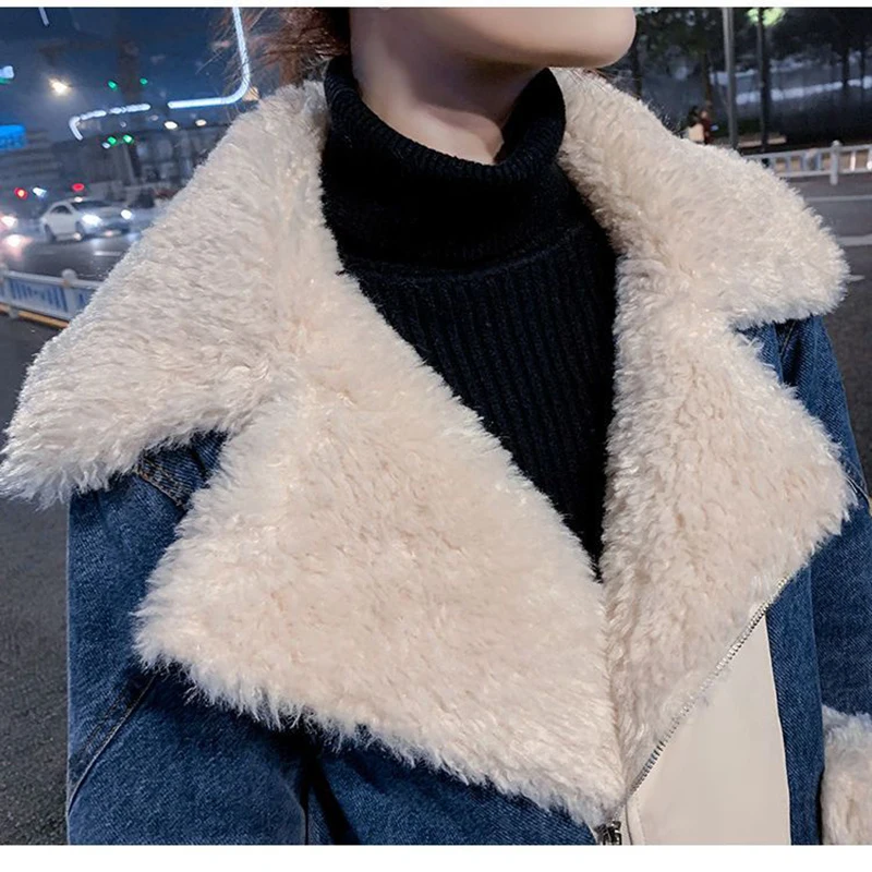 Женская джинсовая куртка из овечьей шерсти джинсовое пальто длинное свободное