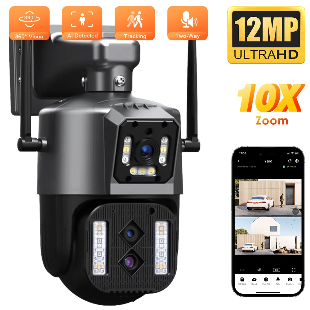 6K12MP  WiFi IP Camera Outdoor PTZ Three Lens Dual Screens 10X  Zoom Auto Tracking Human Waterproof Security CCTV Cam 8MP IPC360