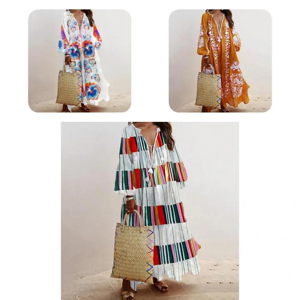 

Skin-touch Retro Fashion Casual Loose V-neck Long Dress Long Sleeve Elegant Dress Thin for Home