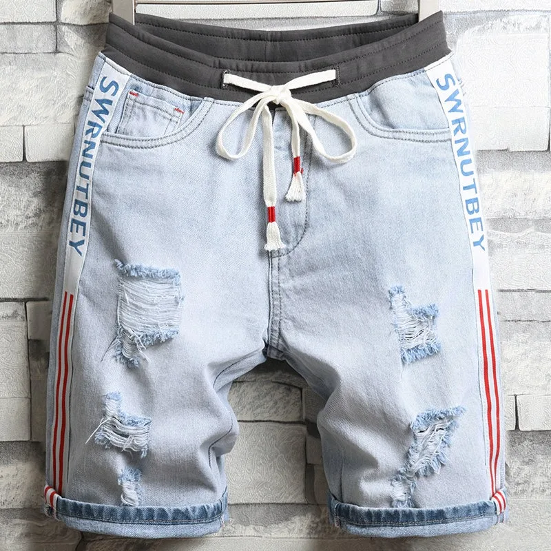 Ripped Jeans Men Denim Shorts Summer Fashion Side Stripe Streetwear Casual Light Blue Regular Straight Knee Length Pants