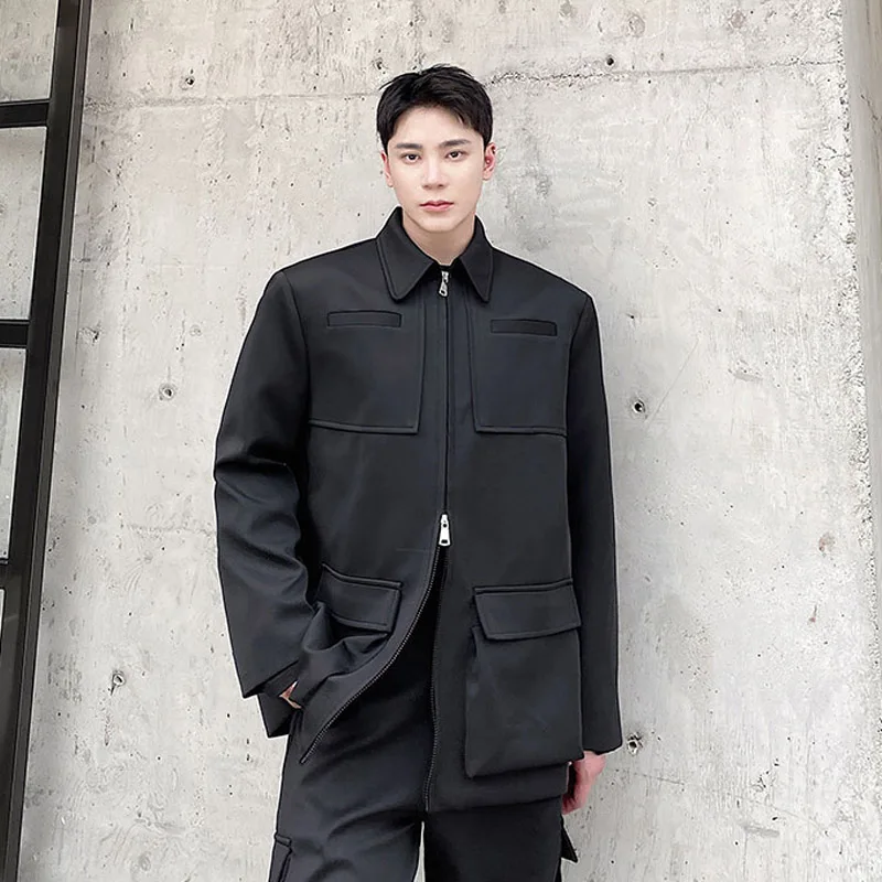 Men's Multi-pocket Two-way Zipper Streetwear Fashion Loose Casual Coat Outerwear Male Japan Korean Vintage Jacket Overcoat