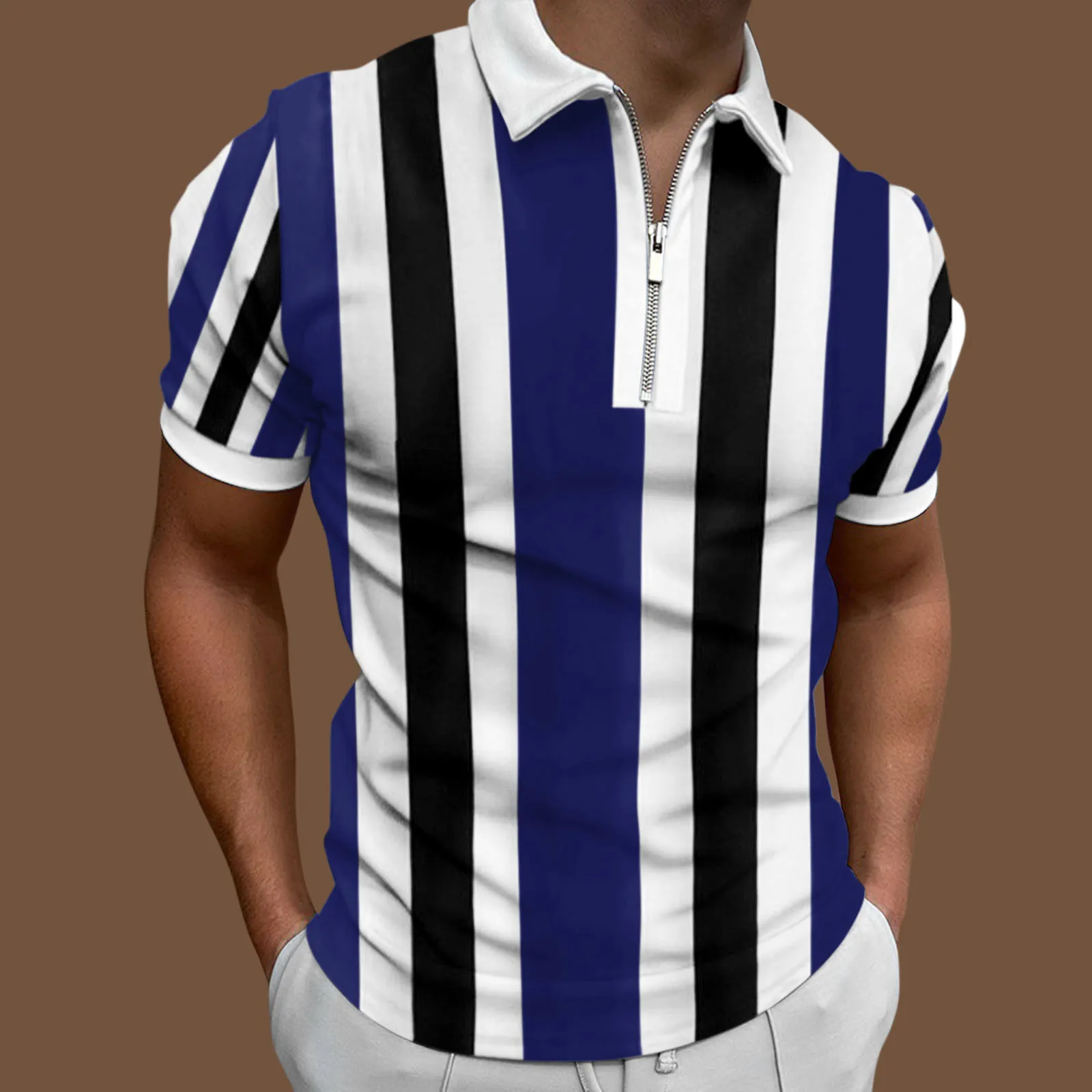 

Leotard Bodysuit Male Casual Stripe Print Zipper Turn Down Collar Blouse Short Sleeve Tops Leotard Bodysuit Sleeve Bodysuit
