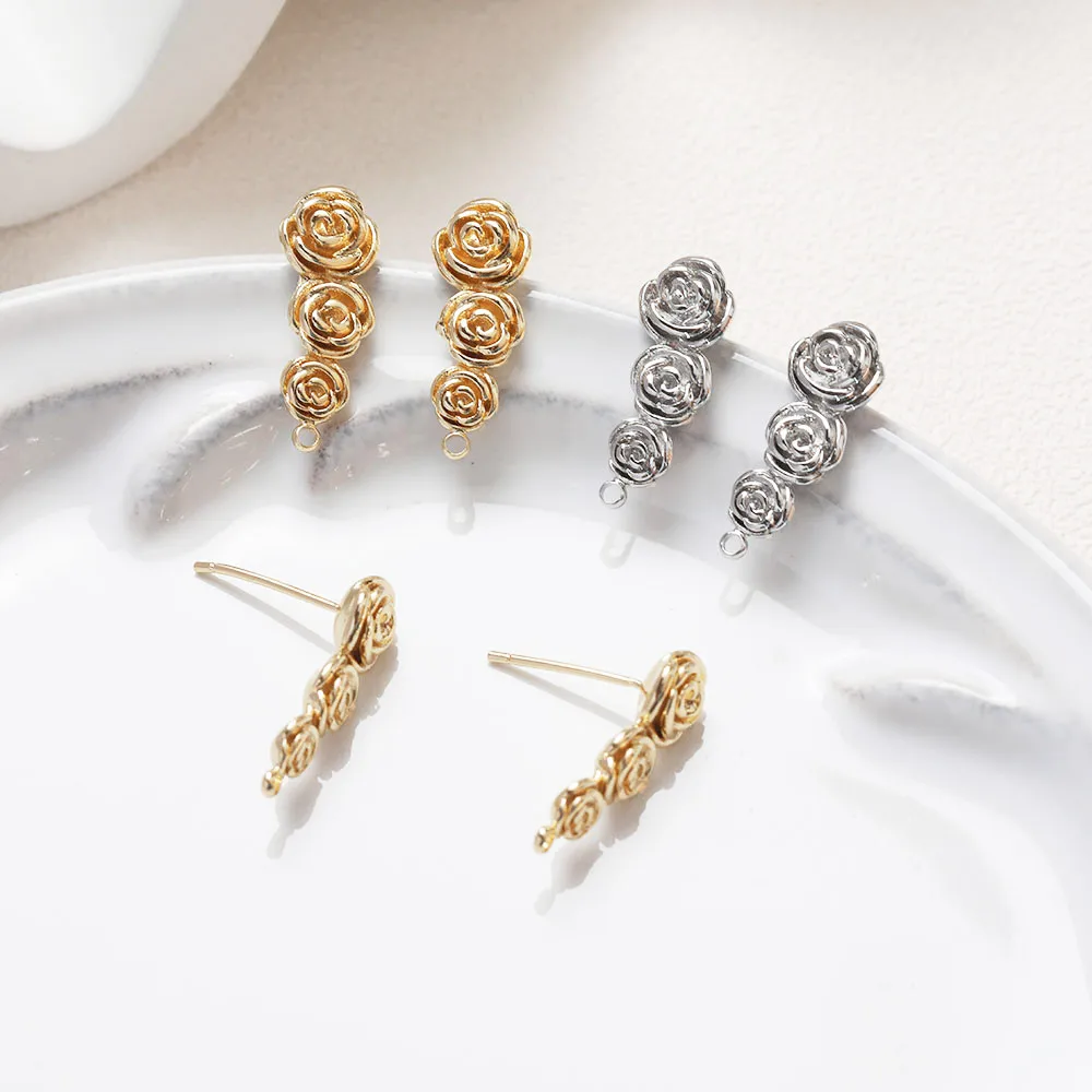 

4PCS Dainty Rose Flowers Ear Studs Earrings for Jewelry Findings Components DIY Brass 14k Gold Plated Accessories 7*19mm