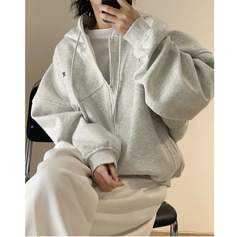 Women Spring Hooded Sweatshirts Zipper Coats Cardigans Letter Jacket Loose Top Casual Sports Cotton Light Grey Navy Blue Hoodies