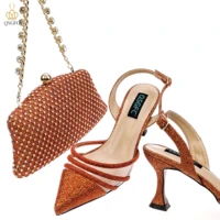 qsgfc2022 fashion shiny full diamond decoration in nigeria elegant orange color ladies shoes and bag for party wedding