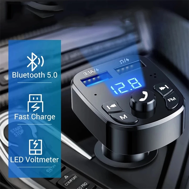 

Зарядное устройство для автомобиля, FM-передатчик, Bluetooth, два USB-разъема, MP3 проигрыватель, автомобильный, поддержка быстрой зарядки, 3,1 a