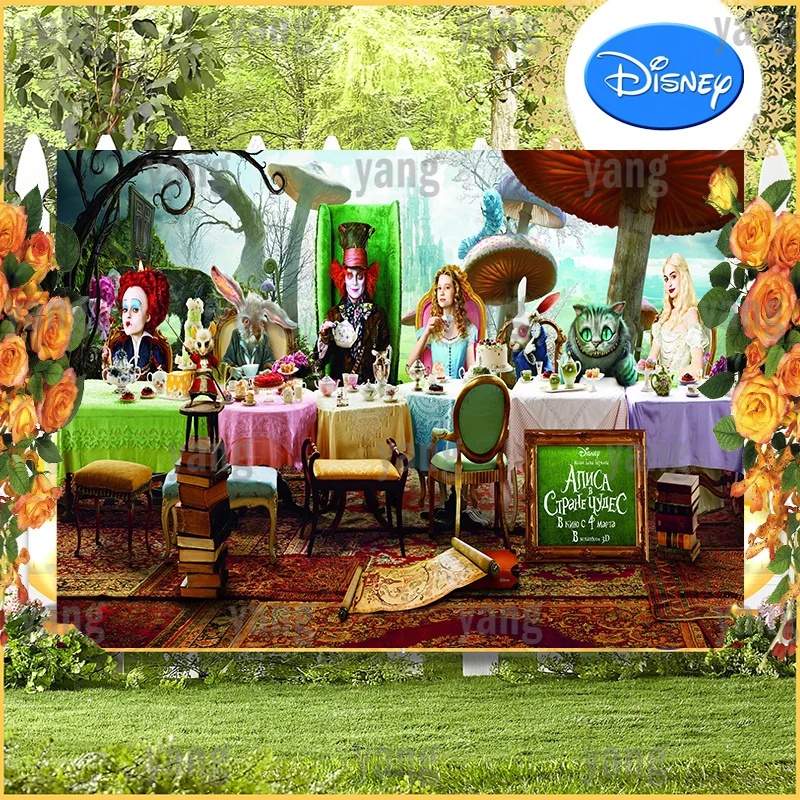 Cartoon Disney Girl Princess Backdrop  Mushroom Happy The Elves Dinner Party Decoration Alice In Wonderland Backgrounds Banner