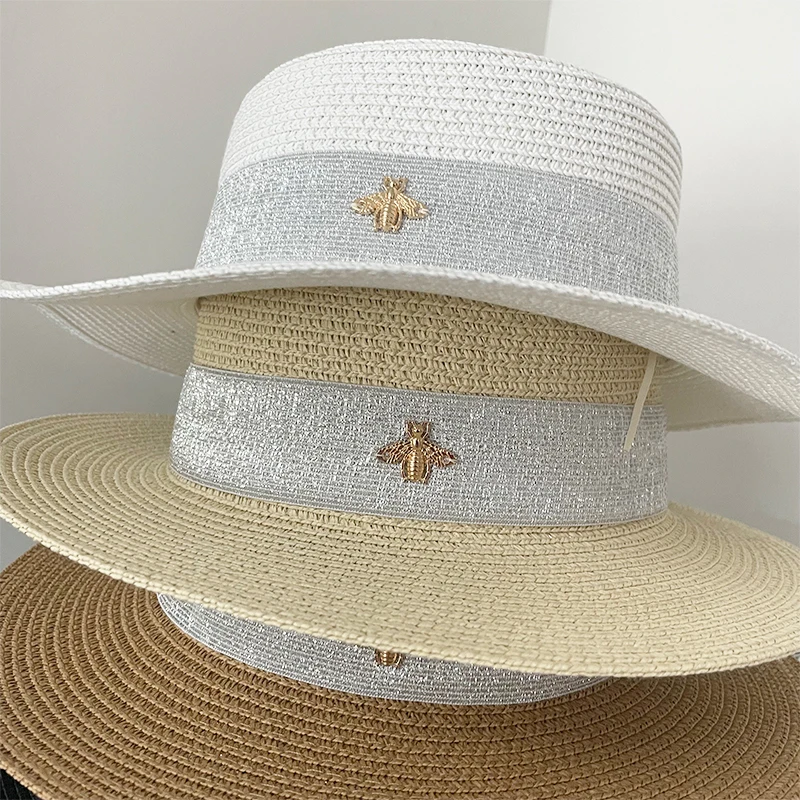 

Summer Beach Small Bee Straw Hats Women Big Wide Brim Sun Hats Casual Female Panama Cap Sunshade Travel Bucket Hats Fedoras