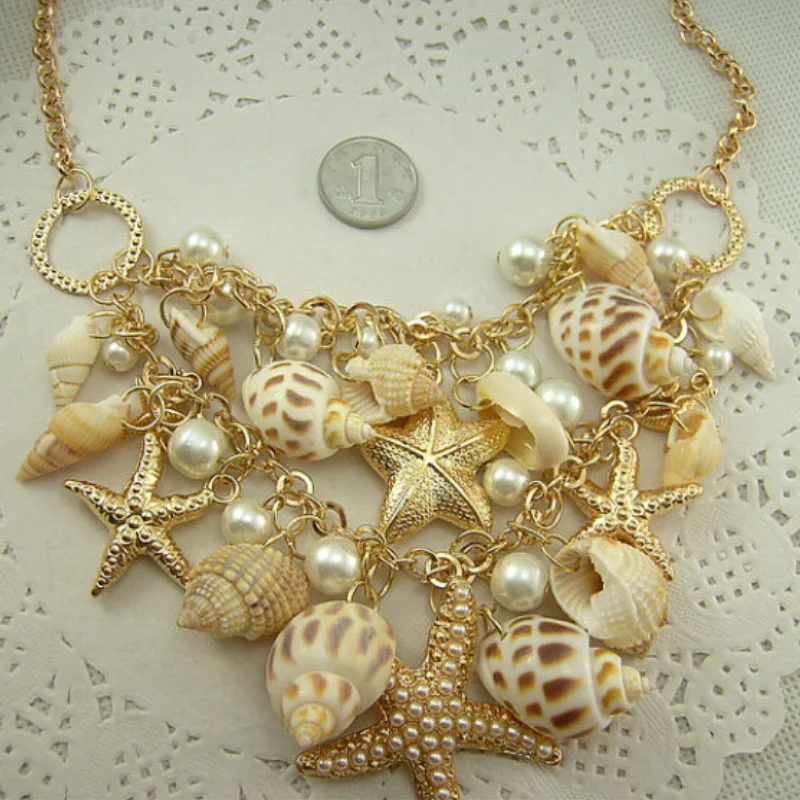 

Ожерелье с ракушками, морскими звездами, искусственным жемчугом, милые модные многоуровневые ожерелья и подвески для женщин с морскими зве...