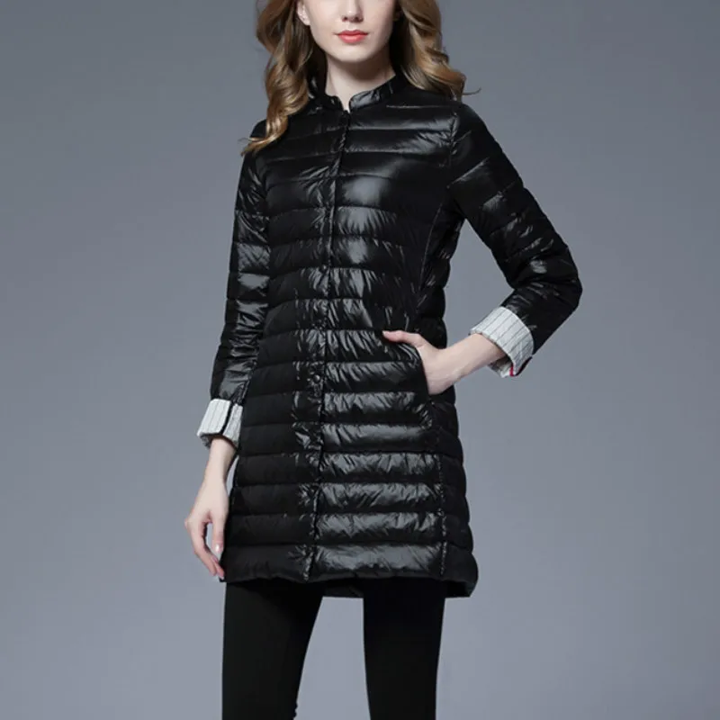 Duck Down Jacket Woman Winter Slim Solid Long Parkas with Ultra Light White Duck Down Single Breasted Pocket office lady style