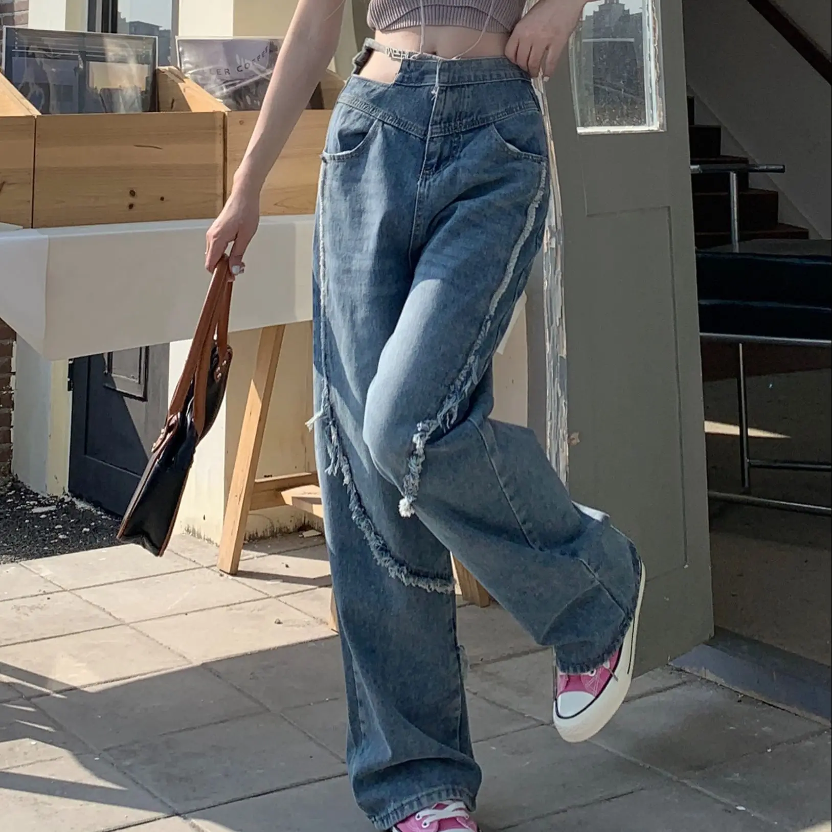 

Женские джинсы с высокой талией, асимметричные свободные прямые джинсы острых цветов в стиле девушки, 2023