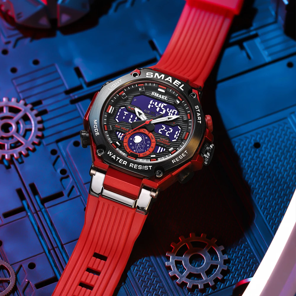 SMAEL Sport Digital Watches For Men Alloy Case Dual Display Analog Quartz Watch Sports Student Stopwatch Electronic Wristwatch