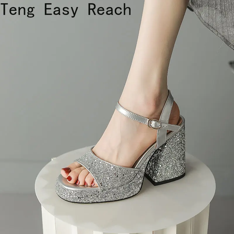 

Platform Sandals for Women Ankle Strap Chunky Heel Gold Silver Bling Sandals Fashion Sexy Marry Jane Shoes 2023 Spring Brand New