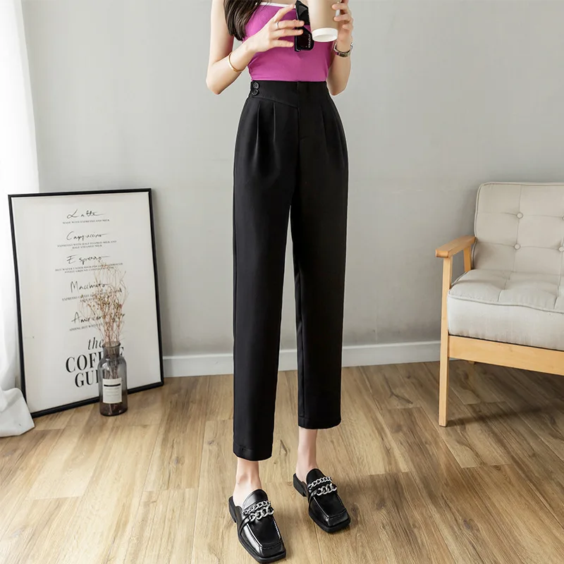 Summer New Elastic High Waist Loose Slim Fit Suit Pants Drooping Straight Casual Pants Thin Black Ankle-Length  Pants Female