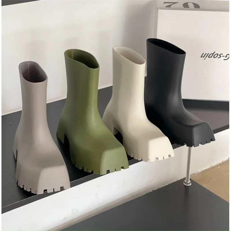 

Luxury Women Boots Fashion Designer Boots Waterproof Non-slip Short Boot Square Toe Soft Leather Comfy Women Platform Rain Boots