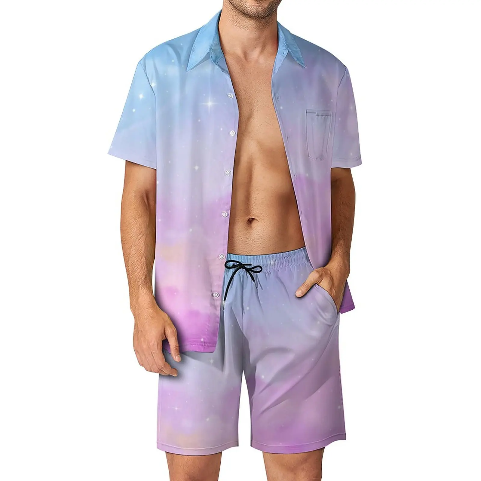 

Pastel Cloud Vacation Men Sets Light Colored Galaxy Casual Shirt Set Summer Design Shorts Two-piece Fashion Suit 2XL 3XL