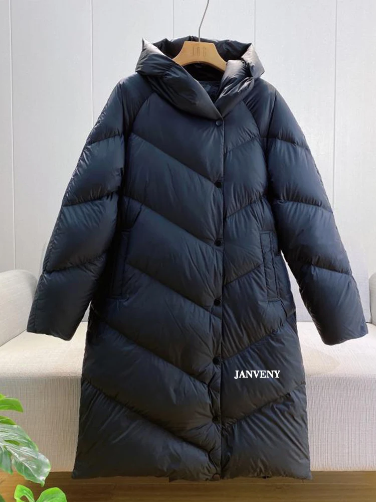 

Janveny 2022 New Winter Hooded Ultra Light Feather Long Down Jacket Women Loose Fit Warmth Solid Color Fluffy Puffer Casual Coat