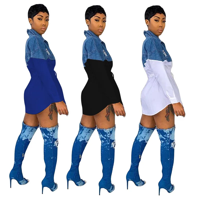 Женская джинсовая рубашка с длинным рукавом отложным воротником дырками