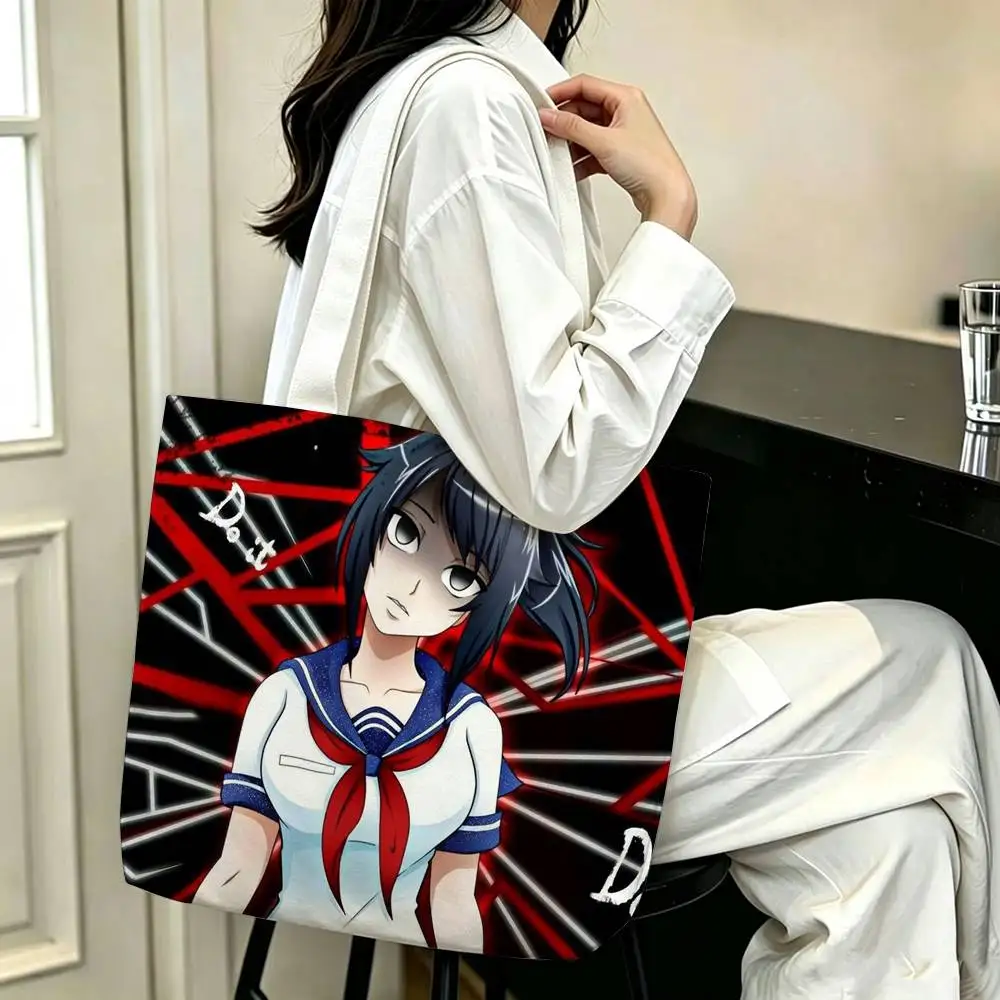 Фото Сумка-шоппер из холщовой ткани с принтом Y-Yandere S-Simulator Ayano Aishi, сумка через плечо, городская сумка для мам, сумка для покупок №3