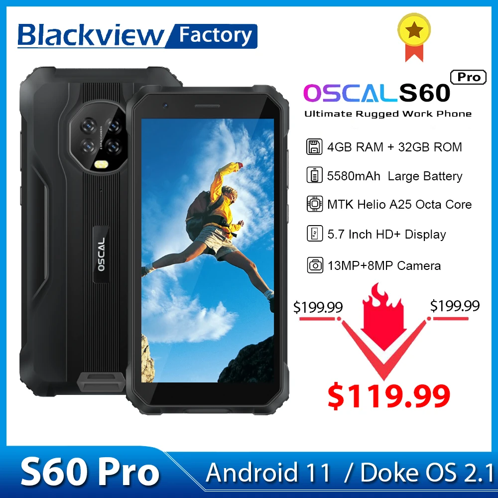 Blackview Oscal S60 Pro IP68 Смартфон 4 ГБ 32 5580 мАч Аккумулятор Мобильный телефон 5 7 ''HD +