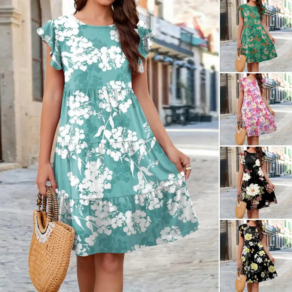 

Chic Beach Dress Lightweight Women Dress Petal Sleeve Flower Print Ladies Dress Beachwear