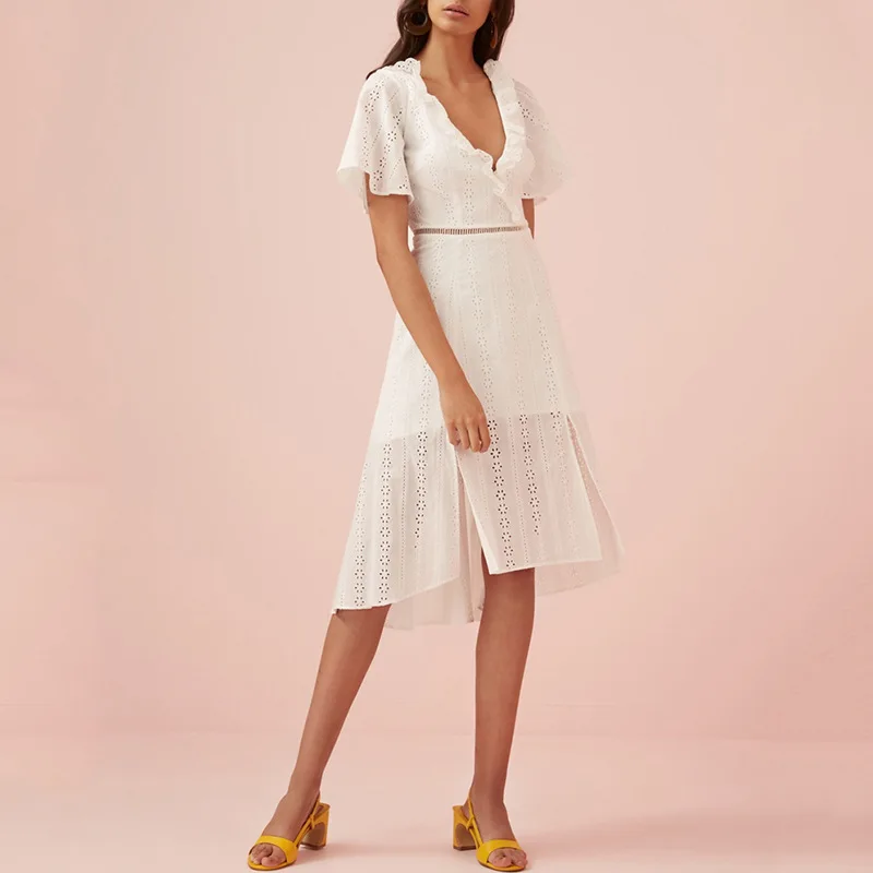 

New Elegant White Cotton Hollow Out Split Cute Dress Sexy V-neck Open Back Lace Up Waist Hem Split Irregular Dress for Women